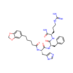 N=C(N)NCCC[C@@H](NC(=O)[C@@H](Cc1ccccc1)NC(=O)[C@H](Cc1cnc[nH]1)NC(=O)CCCCc1ccc2c(c1)OCO2)C(N)=O ZINC000049679616