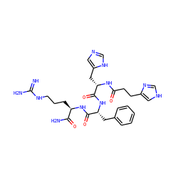 N=C(N)NCCC[C@@H](NC(=O)[C@@H](Cc1ccccc1)NC(=O)[C@H](Cc1cnc[nH]1)NC(=O)CCc1c[nH]cn1)C(N)=O ZINC000049670077