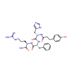 N=C(N)NCCC[C@@H](NC(=O)[C@@H](Cc1ccccc1)NC(=O)[C@H](Cc1cnc[nH]1)NC(=O)CCc1ccc(O)cc1)C(N)=O ZINC000049679320