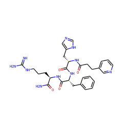 N=C(N)NCCC[C@@H](NC(=O)[C@@H](Cc1ccccc1)NC(=O)[C@H](Cc1cnc[nH]1)NC(=O)CCc1cccnc1)C(N)=O ZINC000049679243