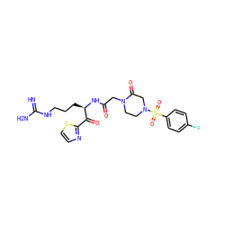N=C(N)NCCC[C@@H](NC(=O)CN1CCN(S(=O)(=O)c2ccc(F)cc2)CC1=O)C(=O)c1nccs1 ZINC000027857877