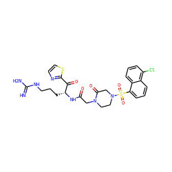 N=C(N)NCCC[C@@H](NC(=O)CN1CCN(S(=O)(=O)c2cccc3c(Cl)cccc23)CC1=O)C(=O)c1nccs1 ZINC000027769391