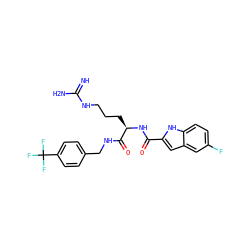 N=C(N)NCCC[C@@H](NC(=O)c1cc2cc(F)ccc2[nH]1)C(=O)NCc1ccc(C(F)(F)F)cc1 ZINC000038149849