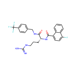 N=C(N)NCCC[C@@H](NC(=O)c1ccc(F)c2ccccc12)C(=O)NCc1ccc(C(F)(F)F)cc1 ZINC000038149855