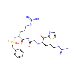 N=C(N)NCCC[C@@H](NS(=O)(=O)Cc1ccccc1)C(=O)NC(=O)CN[C@H](CCCNC(=N)N)C(=O)c1nccs1 ZINC000027852834