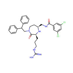 N=C(N)NCCC[C@@H]1N[C@H](CNC(=O)c2cc(Cl)cc(Cl)c2)CCN(CC(c2ccccc2)c2ccccc2)C1=O ZINC000118698100