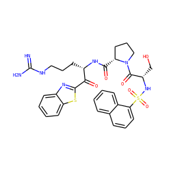 N=C(N)NCCC[C@H](NC(=O)[C@@H]1CCCN1C(=O)[C@H](CO)NS(=O)(=O)c1cccc2ccccc12)C(=O)c1nc2ccccc2s1 ZINC000003979585