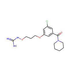 N=C(N)NOCCCOc1cc(Cl)cc(C(=O)N2CCCCC2)c1 ZINC000027203305