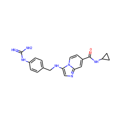 N=C(N)Nc1ccc(CNc2cnc3cc(C(=O)NC4CC4)ccn23)cc1 ZINC000653780398
