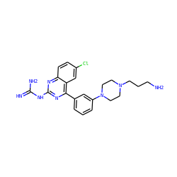 N=C(N)Nc1nc(-c2cccc(N3CCN(CCCN)CC3)c2)c2cc(Cl)ccc2n1 ZINC000167397680