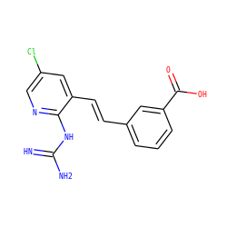 N=C(N)Nc1ncc(Cl)cc1/C=C/c1cccc(C(=O)O)c1 ZINC000013436578