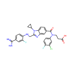 N=C(N)c1ccc(NCc2nc3cc(C(=O)N(CCC(=O)O)c4ccc(F)c(Cl)c4)ccc3n2C2CC2)c(F)c1 ZINC000653795372