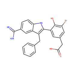 N=C(N)c1ccc2[nH]c(-c3cc(CC(=O)O)cc(Br)c3O)c(Cc3ccccc3)c2c1 ZINC000029474579