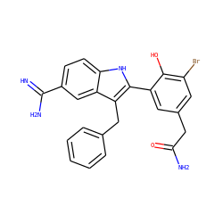 N=C(N)c1ccc2[nH]c(-c3cc(CC(N)=O)cc(Br)c3O)c(Cc3ccccc3)c2c1 ZINC000029472995