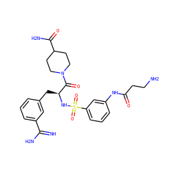 N=C(N)c1cccc(C[C@H](NS(=O)(=O)c2cccc(NC(=O)CCN)c2)C(=O)N2CCC(C(N)=O)CC2)c1 ZINC000049881660