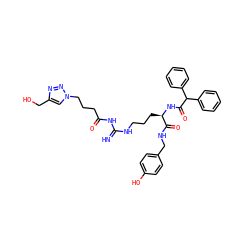 N=C(NCCC[C@@H](NC(=O)C(c1ccccc1)c1ccccc1)C(=O)NCc1ccc(O)cc1)NC(=O)CCCn1cc(CO)nn1 ZINC000058583839