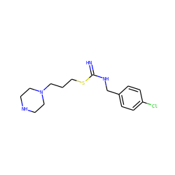 N=C(NCc1ccc(Cl)cc1)SCCCN1CCNCC1 ZINC000096939829