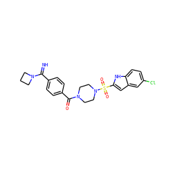 N=C(c1ccc(C(=O)N2CCN(S(=O)(=O)c3cc4cc(Cl)ccc4[nH]3)CC2)cc1)N1CCC1 ZINC000026180673