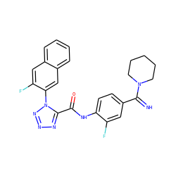 N=C(c1ccc(NC(=O)c2nnnn2-c2cc3ccccc3cc2F)c(F)c1)N1CCCCC1 ZINC000028234149