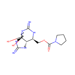 N=C1N[C@H]2[C@H](COC(=O)N3CCCC3)NC(=N)N3CCC(O)(O)[C@]23N1 ZINC000145748691