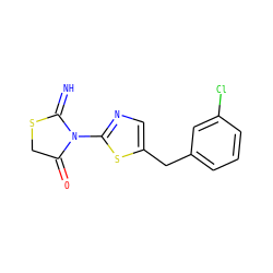 N=C1SCC(=O)N1c1ncc(Cc2cccc(Cl)c2)s1 ZINC000004112589
