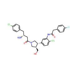 N[C@@H](CC(=O)N1C[C@H](c2ccc(Cl)c(NC(=O)Cc3ccc(F)cc3)c2)[C@@H](CO)C1)Cc1ccc(Cl)cc1 ZINC000263621107