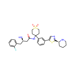 N[C@@H](CC(=O)NC1(c2cccc(-c3cnc([C@@H]4CCCCN4)s3)c2)CCS(=O)(=O)CC1)Cc1ccccc1F ZINC000095559979