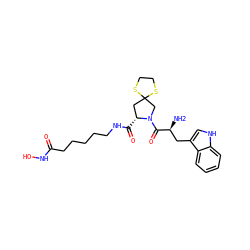 N[C@@H](Cc1c[nH]c2ccccc12)C(=O)N1CC2(C[C@H]1C(=O)NCCCCCC(=O)NO)SCCS2 ZINC000072106007