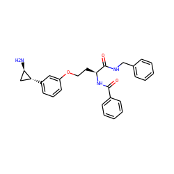 N[C@@H]1C[C@H]1c1cccc(OCC[C@H](NC(=O)c2ccccc2)C(=O)NCc2ccccc2)c1 ZINC000069476344