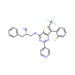 N[C@H](CNc1nc(-c2ccncc2)nc2c(-c3ccccc3Cl)c(C(F)(F)F)sc12)Cc1ccccc1 ZINC000653752881