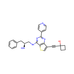 N[C@H](CNc1nc(-c2ccncc2)nc2c(C#CC3(O)CCC3)csc12)Cc1ccccc1 ZINC000223683580