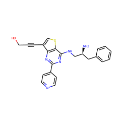 N[C@H](CNc1nc(-c2ccncc2)nc2c(C#CCO)csc12)Cc1ccccc1 ZINC000223672500