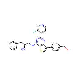 N[C@H](CNc1nc(-c2ccncc2F)nc2c(-c3ccc(CO)cc3)csc12)Cc1ccccc1 ZINC000223693011