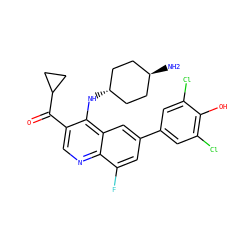 N[C@H]1CC[C@H](Nc2c(C(=O)C3CC3)cnc3c(F)cc(-c4cc(Cl)c(O)c(Cl)c4)cc23)CC1 ZINC000473152107