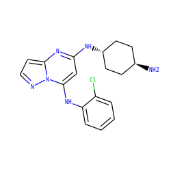 N[C@H]1CC[C@H](Nc2cc(Nc3ccccc3Cl)n3nccc3n2)CC1 ZINC000254091762