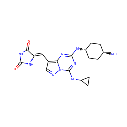 N[C@H]1CC[C@H](Nc2nc(NC3CC3)n3ncc(/C=C4\NC(=O)NC4=O)c3n2)CC1 ZINC001772578766
