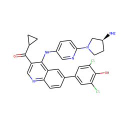 N[C@H]1CCN(c2ccc(Nc3c(C(=O)C4CC4)cnc4ccc(-c5cc(Cl)c(O)c(Cl)c5)cc34)cn2)C1 ZINC000203806291
