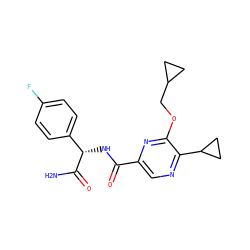 NC(=O)[C@@H](NC(=O)c1cnc(C2CC2)c(OCC2CC2)n1)c1ccc(F)cc1 ZINC000207393150