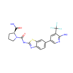 NC(=O)[C@@H]1CCCN1C(=O)Nc1nc2ccc(-c3cnc(N)c(C(F)(F)F)c3)cc2s1 ZINC000084688251