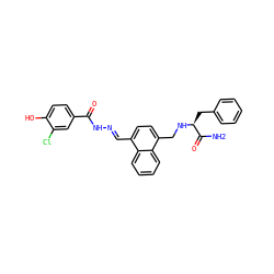 NC(=O)[C@H](Cc1ccccc1)NCc1ccc(/C=N/NC(=O)c2ccc(O)c(Cl)c2)c2ccccc12 ZINC000013492694