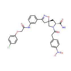NC(=O)[C@H]1C[C@]2(CC(c3cccc(NC(=O)COc4ccc(Cl)cc4)c3)=NO2)CN1C(=O)Cc1ccc([N+](=O)[O-])cc1 ZINC000017307257