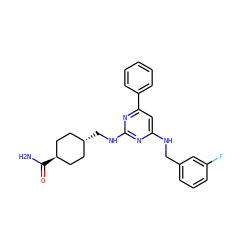 NC(=O)[C@H]1CC[C@H](CNc2nc(NCc3cccc(F)c3)cc(-c3ccccc3)n2)CC1 ZINC000299827215
