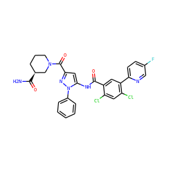 NC(=O)[C@H]1CCCN(C(=O)c2cc(NC(=O)c3cc(-c4ccc(F)cn4)c(Cl)cc3Cl)n(-c3ccccc3)n2)C1 ZINC001772571364