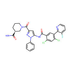 NC(=O)[C@H]1CCCN(C(=O)c2cc(NC(=O)c3cc(-c4ncccc4F)c(Cl)cc3Cl)n(-c3ccccc3)n2)C1 ZINC001772632627