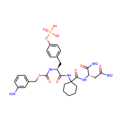 NC(=O)C[C@H](NC(=O)C1(NC(=O)[C@H](Cc2ccc(OP(=O)(O)O)cc2)NC(=O)OCc2cccc(N)c2)CCCCC1)C(N)=O ZINC000026394430