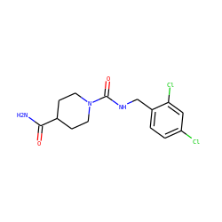 NC(=O)C1CCN(C(=O)NCc2ccc(Cl)cc2Cl)CC1 ZINC000045338276
