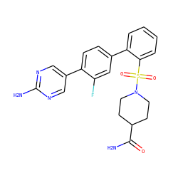 NC(=O)C1CCN(S(=O)(=O)c2ccccc2-c2ccc(-c3cnc(N)nc3)c(F)c2)CC1 ZINC000224748040