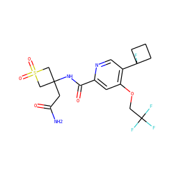 NC(=O)CC1(NC(=O)c2cc(OCC(F)(F)F)c(C3(F)CCC3)cn2)CS(=O)(=O)C1 ZINC000149256783