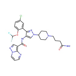 NC(=O)CCCN1CCC(n2cc(NC(=O)c3cnn4cccnc34)c(-c3cc(Cl)ccc3OC(F)F)n2)CC1 ZINC001772637385
