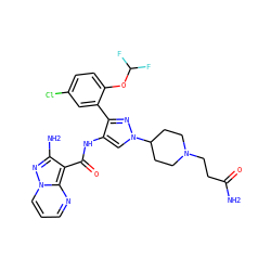 NC(=O)CCN1CCC(n2cc(NC(=O)c3c(N)nn4cccnc34)c(-c3cc(Cl)ccc3OC(F)F)n2)CC1 ZINC001772613184